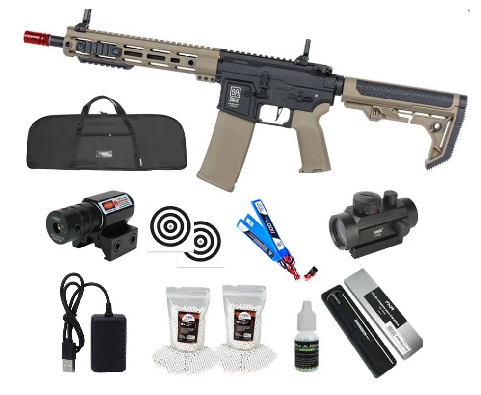 Rifle de Airsoft AEG SA-F05 Half Tan FLEX HAL ETU Gen 2 - Specna Arms + Capa + BBS + Alvos + Red Dot + Óleo + Laser + Kit de Limpeza