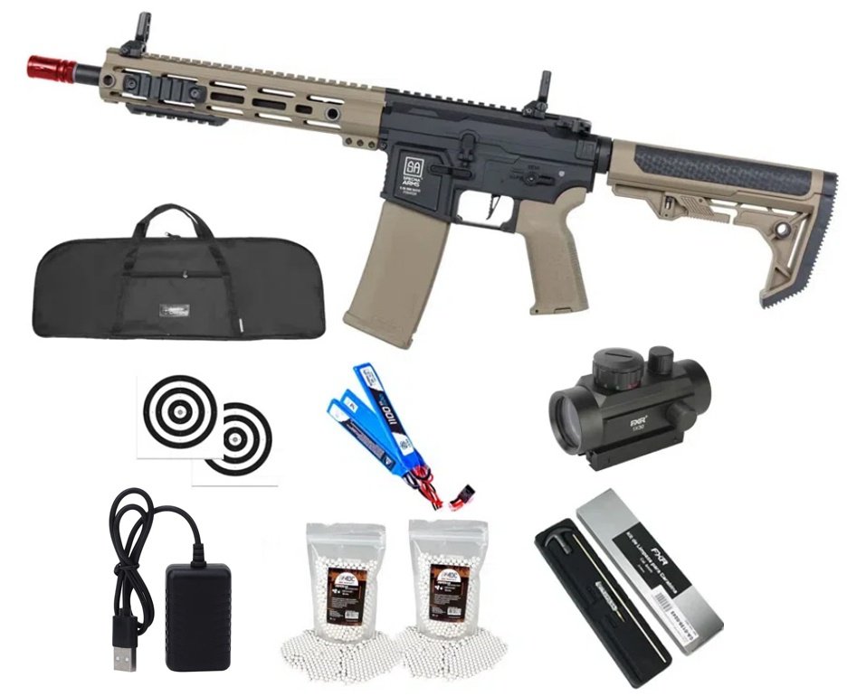 Rifle de Airsoft AEG SA-F05 Half Tan FLEX HAL ETU Gen 2 - Specna Arms + Capa + BBS + Alvos + Red Dot + Kit de Limpeza