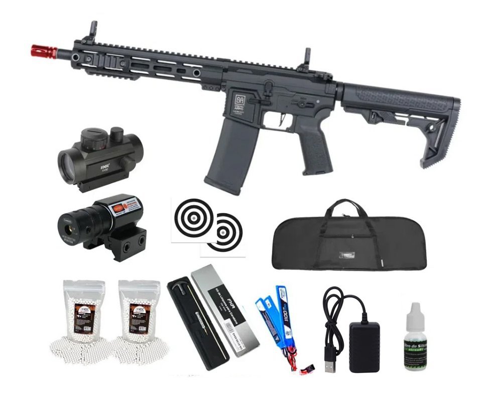 Rifle de Airsoft SA-F05 Black FLEX HAL ETU Gen 2 - Specna Arms + Capa + BBS + Alvos + Red Dot + Óleo + Laser + Kit Limpeza