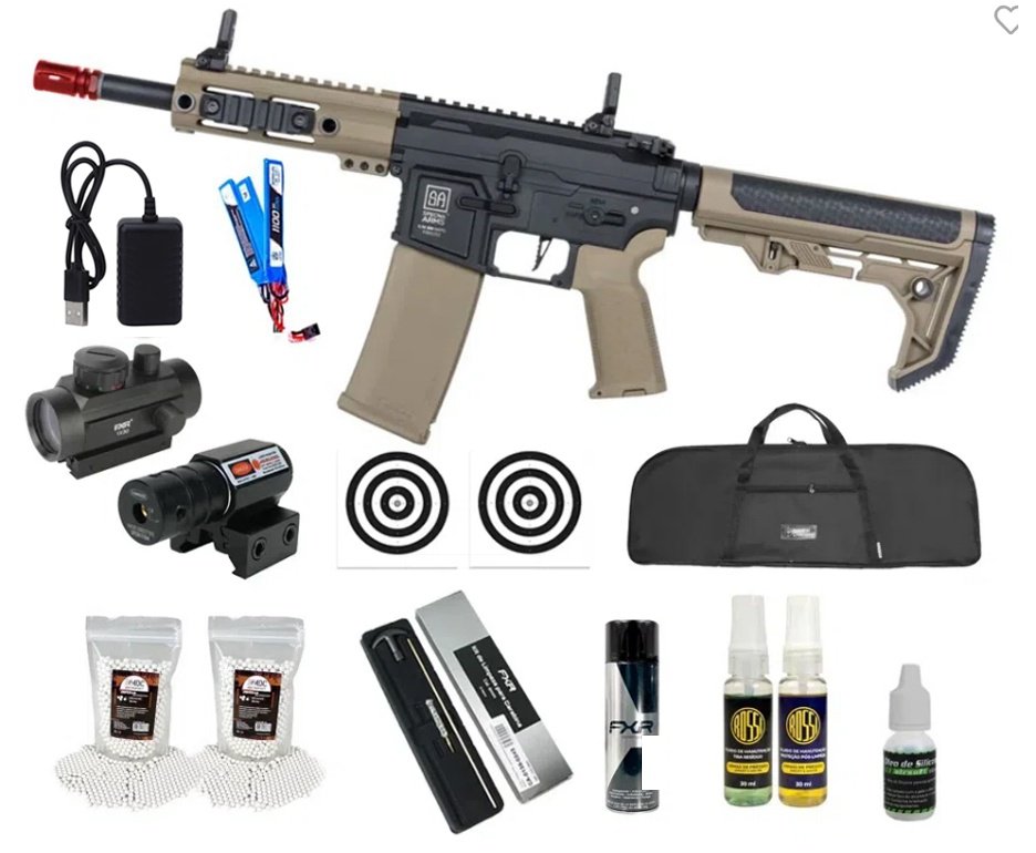 Rifle de Airsoft AEG SA-F04 Half Tan FLEX HAL ETU Gen 2 - Specna Arms + Capa + BBS + Alvos + Red Dot + Óleo + Laser + Desengripante / Anticorrosivo + Kit Fluidos + Kit de Limpeza