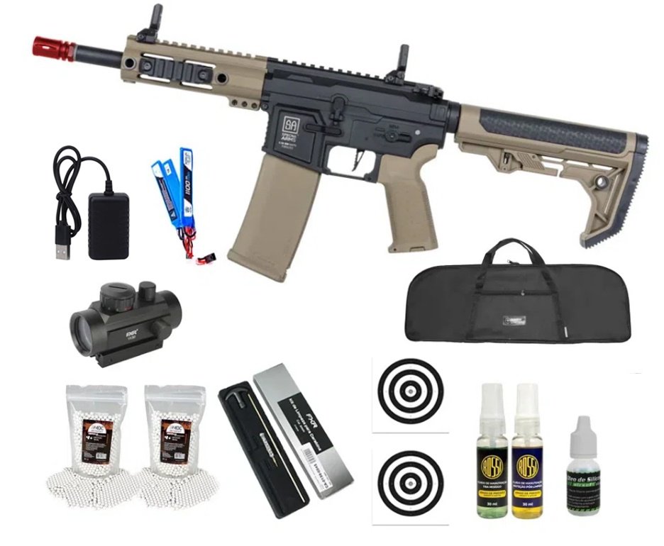 Rifle de Airsoft AEG SA-F04 Half Tan FLEX HAL ETU Gen 2 - Specna Arms + Capa + BBS + Alvos + Red Dot + Óleo + Laser + Kit de Limpeza