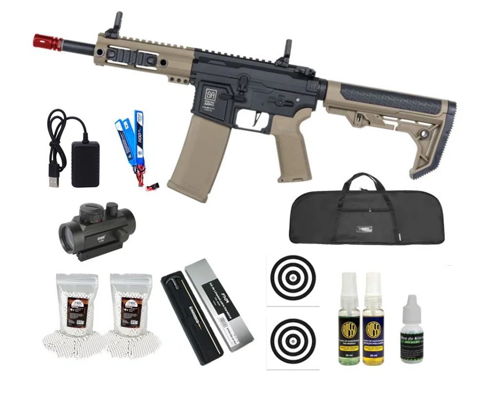 Rifle de Airsoft AEG SA-F04 Half Tan FLEX HAL ETU Gen 2 - Specna Arms + Capa + BBS + Alvos + Red Dot + Óleo + Laser + Kit de Limpeza