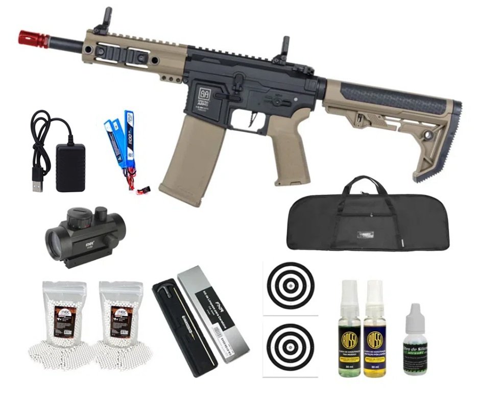 Rifle de Airsoft AEG SA-F04 Half Tan FLEX HAL ETU Gen 2 - Specna Arms + Capa + BBS + Alvos + Red Dot + Kit de Limpeza