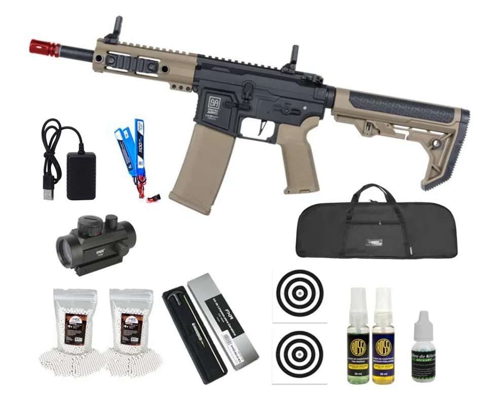 Rifle de Airsoft AEG SA-F04 Half Tan FLEX HAL ETU Gen 2 - Specna Arms + Capa + BBS + Alvos + Red Dot + Kit de Limpeza