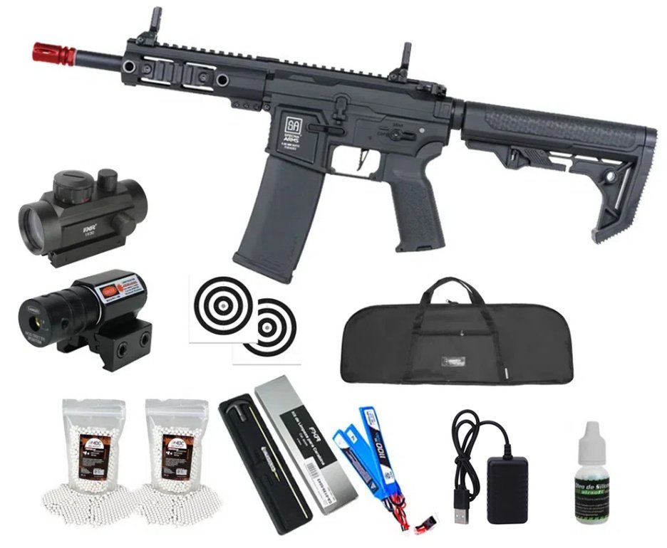 Rifle de Airsoft AEG SA-F04 Black FLEX HAL ETU Gen 2 - Specna Arms + Capa + BBS + Alvos + Red Dot + Óleo + Laser + Kit de Limpeza