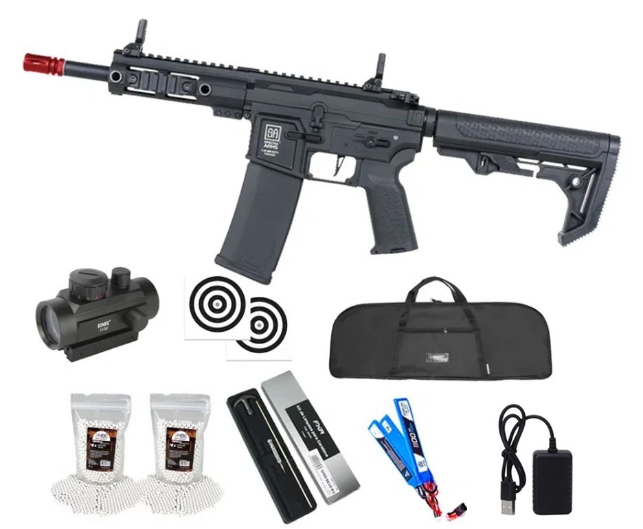 Rifle de Airsoft AEG SA-F04 Black FLEX HAL ETU Gen 2 - Specna Arms + Capa + BBS + Alvos + Red Dot + Kit de Limpeza