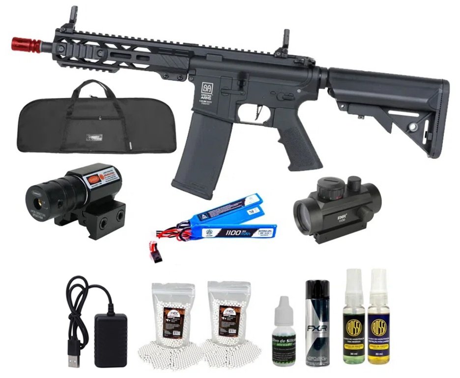 Rifle de Airsoft AEG SA-F08 Black FLEX HAL ETU Gen 2 - Specna Arms + Capa + BBS + Alvos + Red Dot + Óleo + Laser + Desengripante / Anticorrosivo + Kit Fluidos + Kit de Limpeza