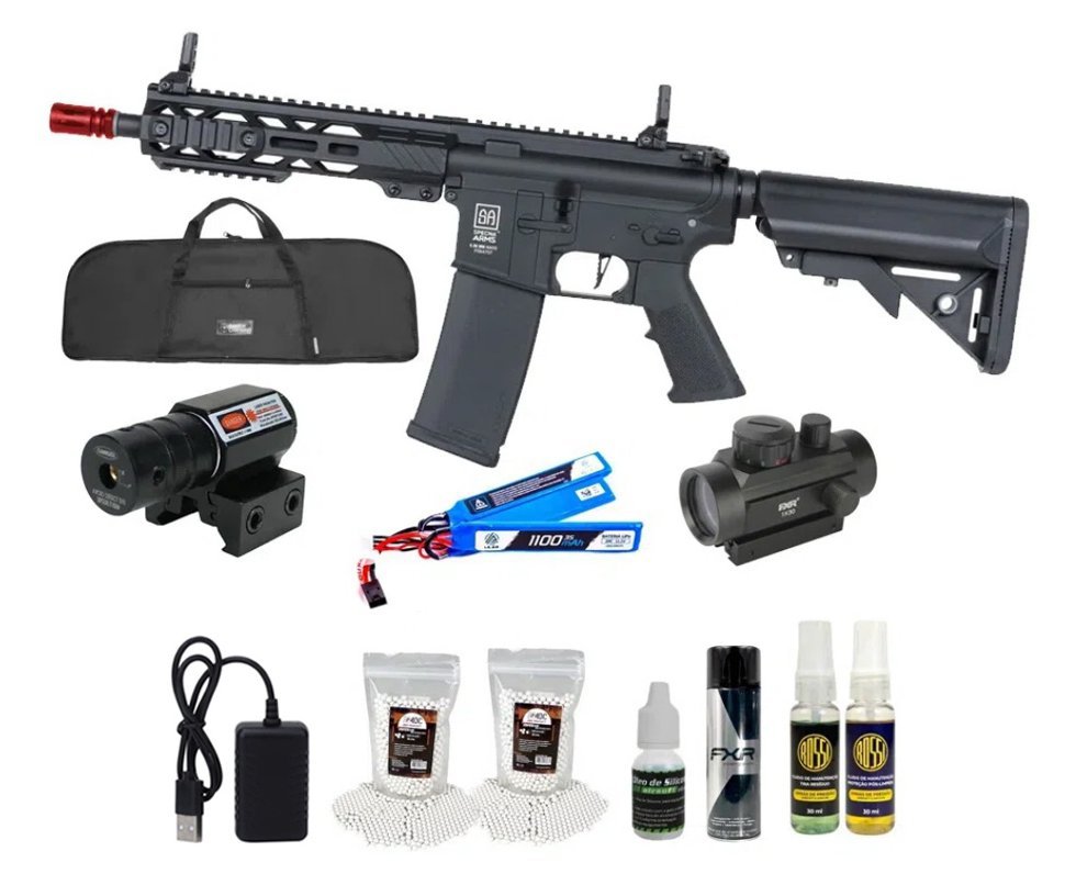 Rifle de Airsoft AEG SA-F08 Black FLEX HAL ETU Gen 2 - Specna Arms + Capa + BBS + Alvos + Red Dot + Óleo + Laser + Desengripante / Anticorrosivo + Kit Fluidos + Kit de Limpeza