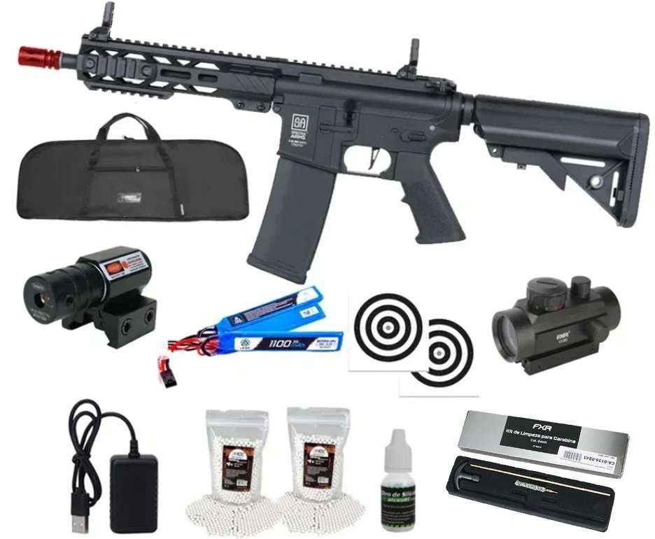 Rifle de Airsoft AEG SA-F08 Black FLEX HAL ETU Gen 2 - Specna Arms + Capa + BBS + Alvos + Red Dot + Óleo + Laser + Kit de Limpeza