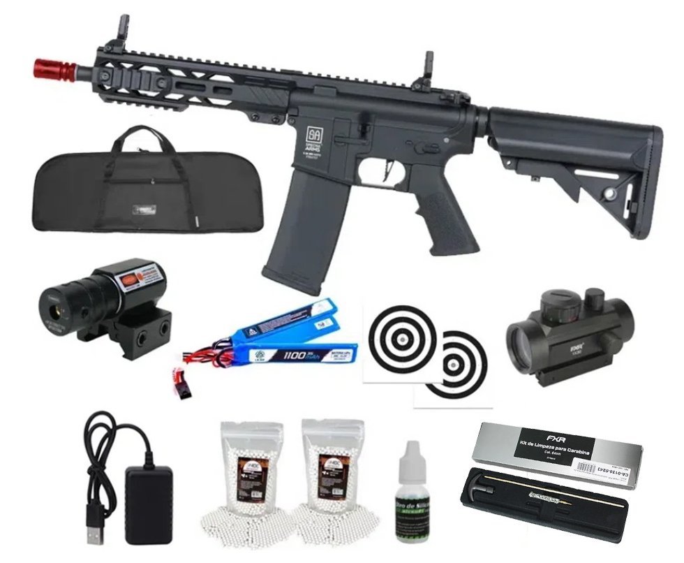 Rifle de Airsoft AEG SA-F08 Black FLEX HAL ETU Gen 2 - Specna Arms + Capa + BBS + Alvos + Red Dot + Óleo + Laser + Kit de Limpeza