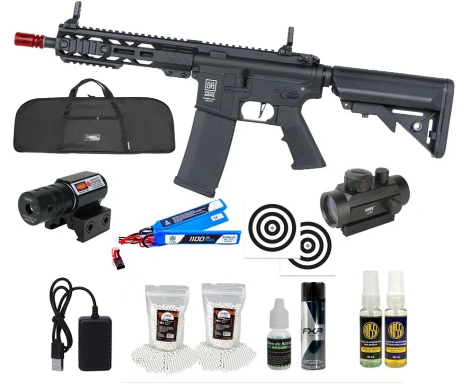 Rifle de Airsoft AEG SA-F08 Black FLEX HAL ETU Gen 2 - Specna Arms + Capa + BBS + Alvos + Red Dot + Óleo + Laser + Kit de Limpeza
