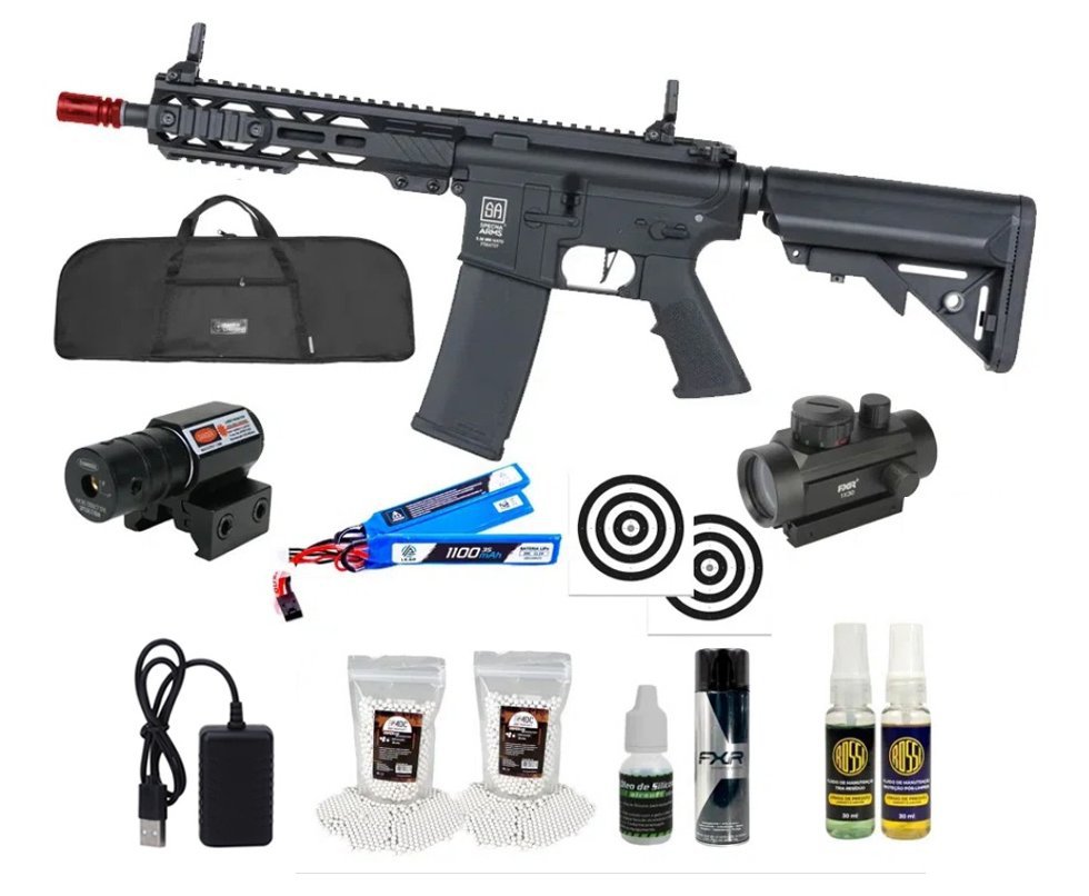 Rifle de Airsoft AEG SA-F08 Black FLEX HAL ETU Gen 2 - Specna Arms + Capa + BBS + Alvos + Red Dot + Óleo + Laser + Kit de Limpeza
