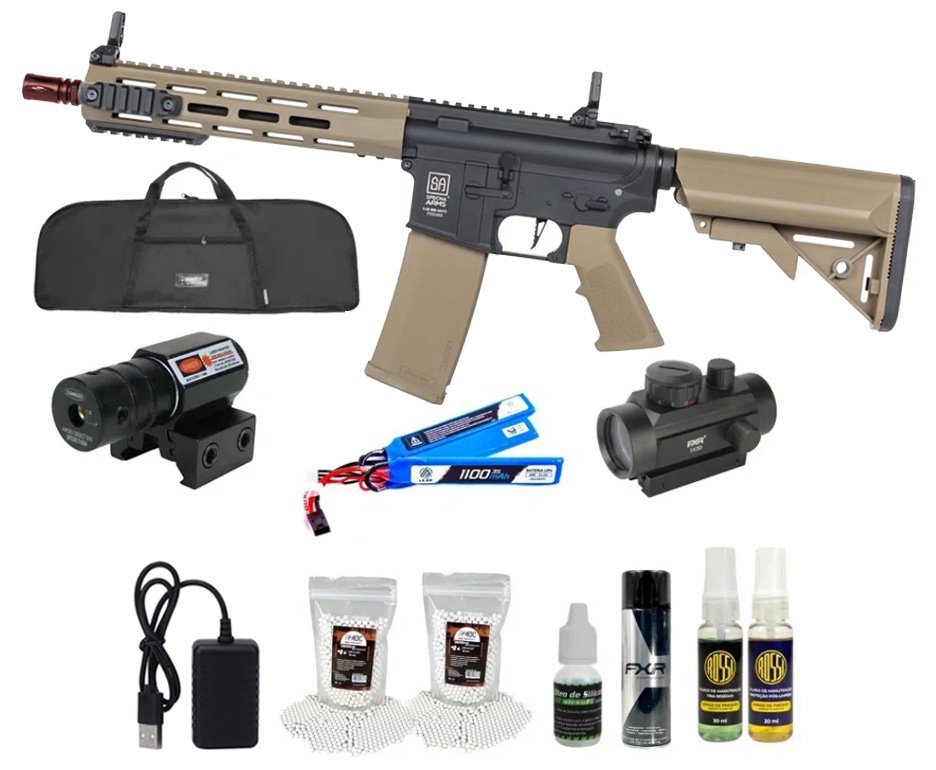 Rifle de Airsoft AEG SA-F03 Gen 2 Half Tan FLEX HAL ETU - Specna Arms + Capa + BBS + Alvos + Red Dot + Óleo + Laser + Desengripante / Anticorrosivo + Kit Fluidos + Kit de Limpeza