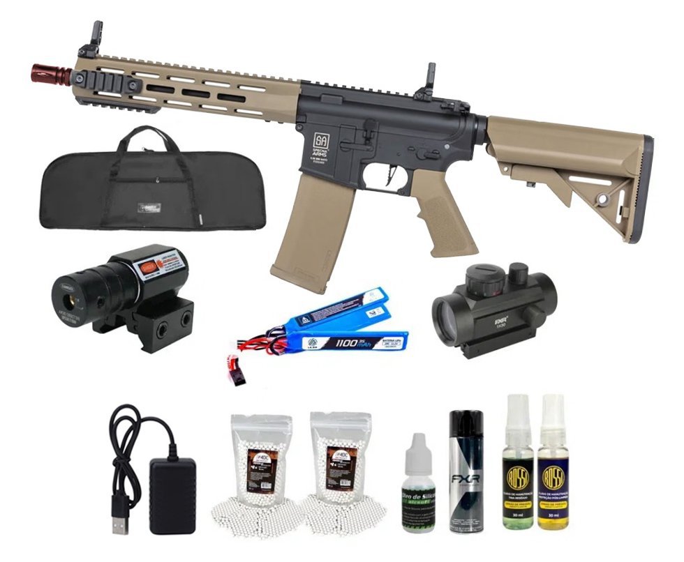 Rifle de Airsoft AEG SA-F03 Gen 2 Half Tan FLEX HAL ETU - Specna Arms + Capa + BBS + Alvos + Red Dot + Óleo + Laser + Desengripante / Anticorrosivo + Kit Fluidos + Kit de Limpeza