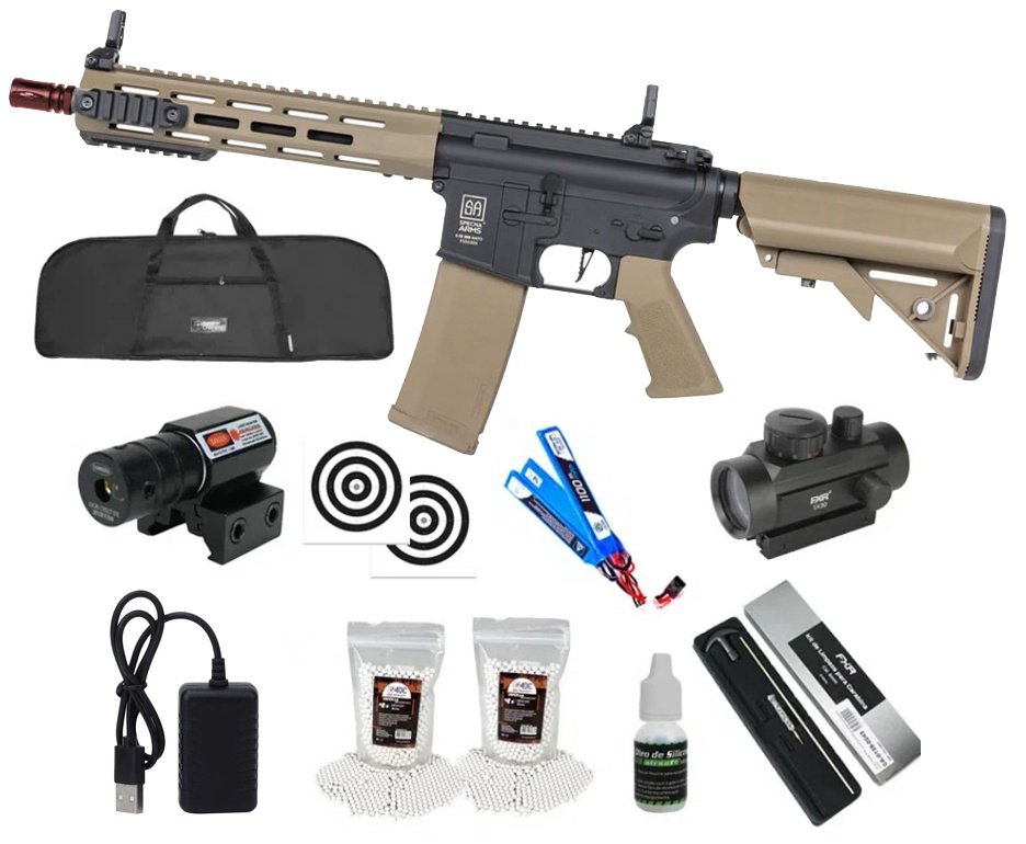 Rifle de Airsoft AEG SA-F03 Gen 2 Half Tan FLEX HAL ETU - Specna Arms + Capa + BBS + Alvos + Red Dot + Óleo + Laser + Kit de Limpeza
