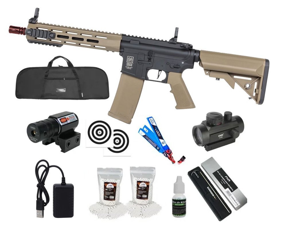Rifle de Airsoft AEG SA-F03 Gen 2 Half Tan FLEX HAL ETU - Specna Arms + Capa + BBS + Alvos + Red Dot + Óleo + Laser + Kit de Limpeza
