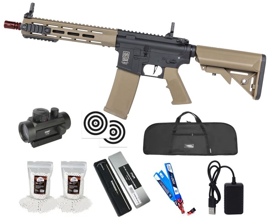 Rifle de Airsoft AEG SA-F03 Gen 2 Half Tan FLEX HAL ETU - Specna Arms + Capa + BBS + Alvos + Red Dot + Kit de Limpeza