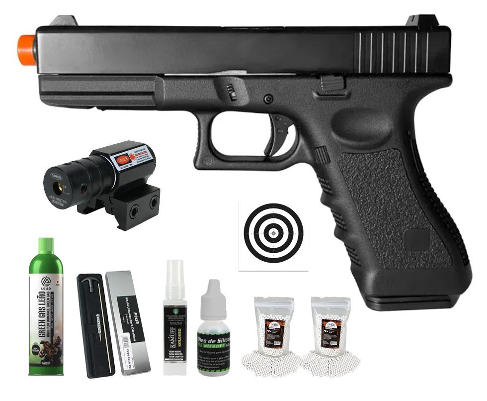 Pistola de Airsoft GBB Glock G17 Blowback Double Bell 17/721 6mm - FXR Armas + GBB + BBS + Alvos + Laser + Óleo de Silicone + Kamuff + Kit de Limpeza