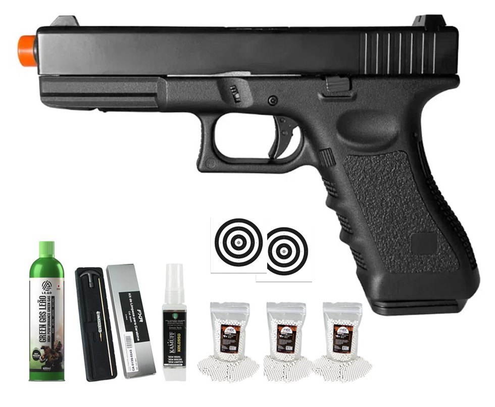 Pistola de Airsoft GBB Glock G17 Blowback Double Bell 17/721 6mm - FXR Armas + GBB + BBS + Alvos + Kamuff + Kit de Limpeza