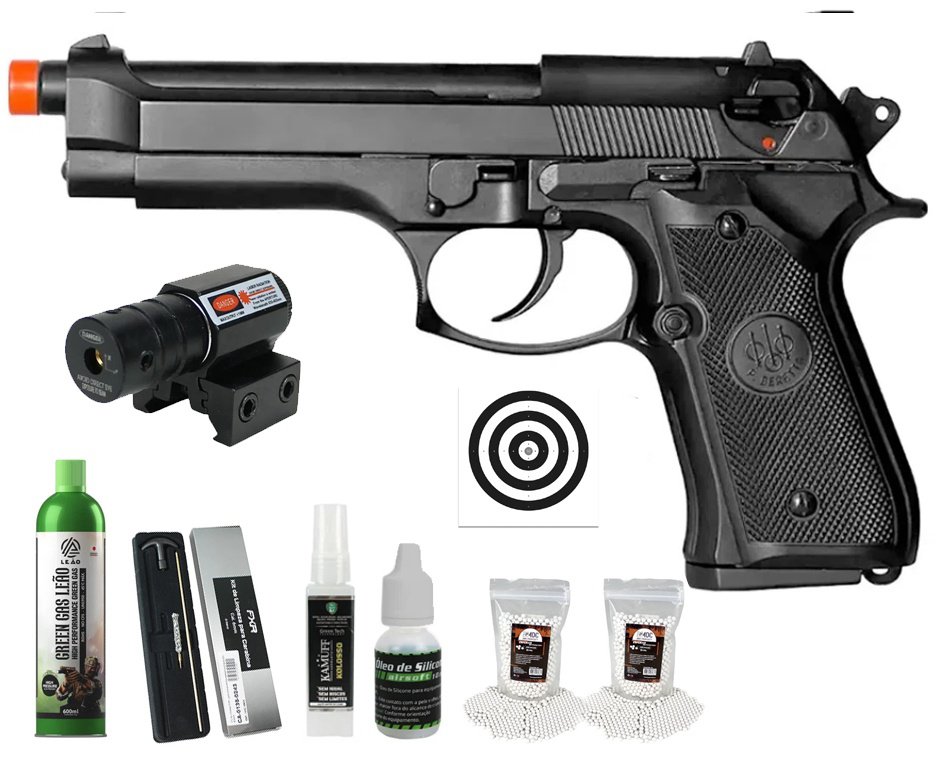 Pistola de Airsoft GBB Beretta M92 Blowback Double Bell 726 6mm - FXR Armas + GBB + BBS + Alvos + Óleo de Silicone + Kamuff + Kit de Limpeza