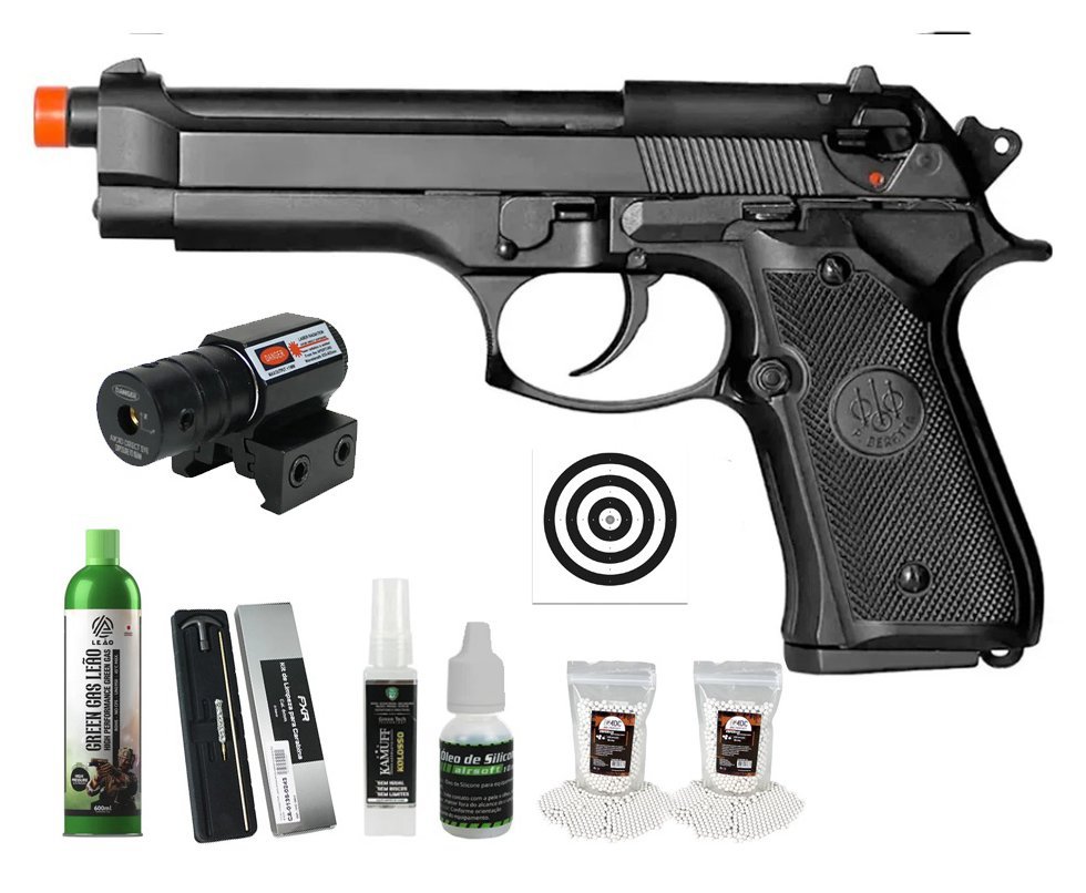 Pistola de Airsoft GBB Beretta M92 Blowback Double Bell 726 6mm - FXR Armas + GBB + BBS + Alvos + Óleo de Silicone + Kamuff + Kit de Limpeza