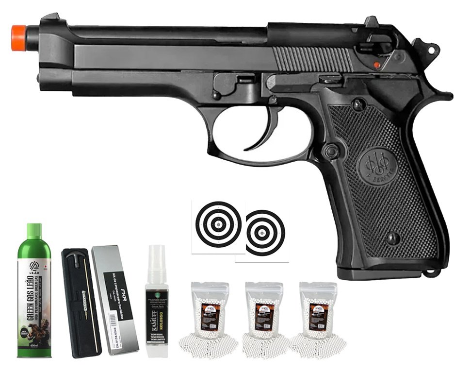 Pistola de Airsoft GBB Beretta M92 Blowback Double Bell 726 6mm - FXR Armas + GBB + BBS + Alvos + Kit de Limpeza
