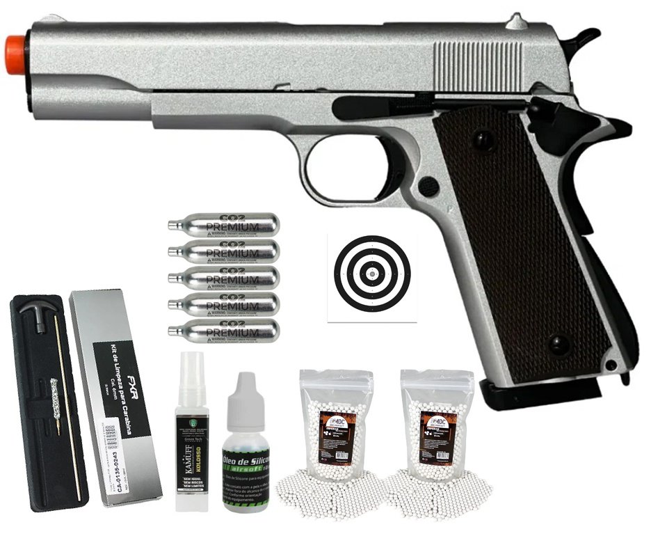 Pistola de Airsoft CO2 1911 Silver Blowback Double Bell 823 6mm - FXR Armas + BBS+ Co2 + Alvos + Óleo de Silicone + Kamuff + Kit de Limpeza