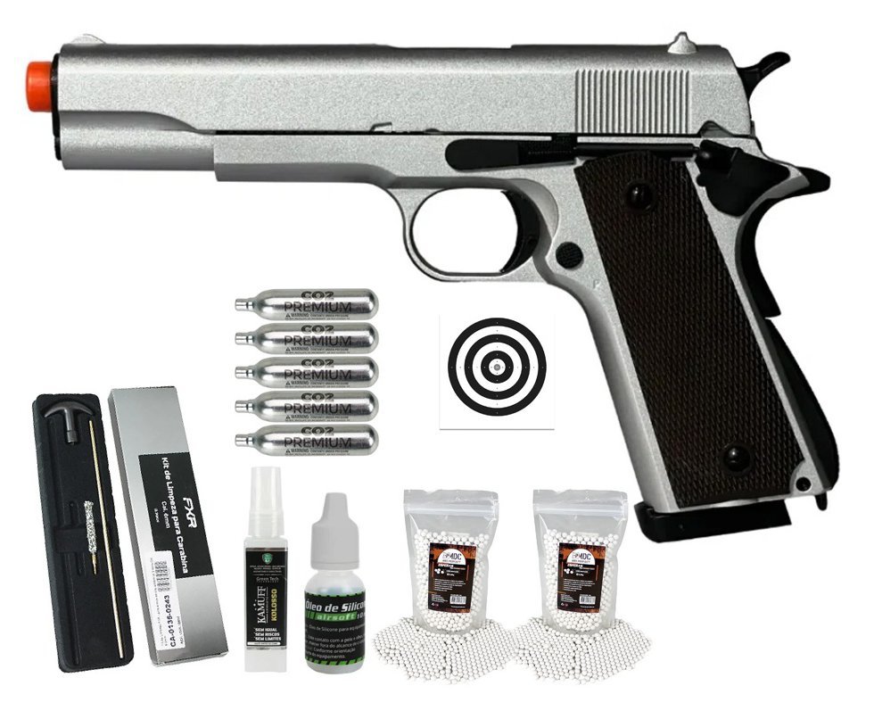 Pistola de Airsoft CO2 1911 Silver Blowback Double Bell 823 6mm - FXR Armas + BBS+ Co2 + Alvos + Óleo de Silicone + Kamuff + Kit de Limpeza