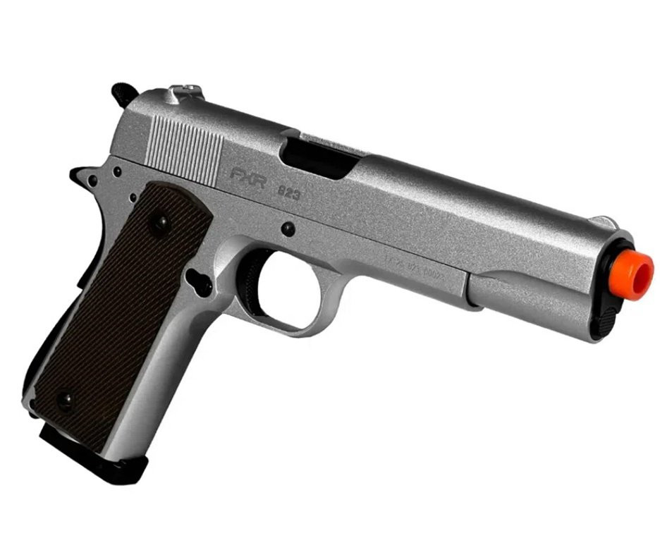 Pistola de Airsoft CO2 1911 Silver Blowback Double Bell 823 6mm - FXR Armas + BBS+ Co2 + Alvos + Óleo de Silicone + Kamuff + Kit de Limpeza