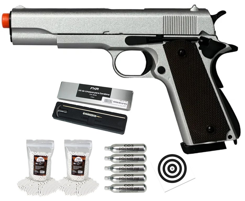 Pistola de Airsoft CO2 1911 Silver Blowback Double Bell 823 6mm - FXR Armas + BBS + Co2 + Alvos + Kit de Limpeza