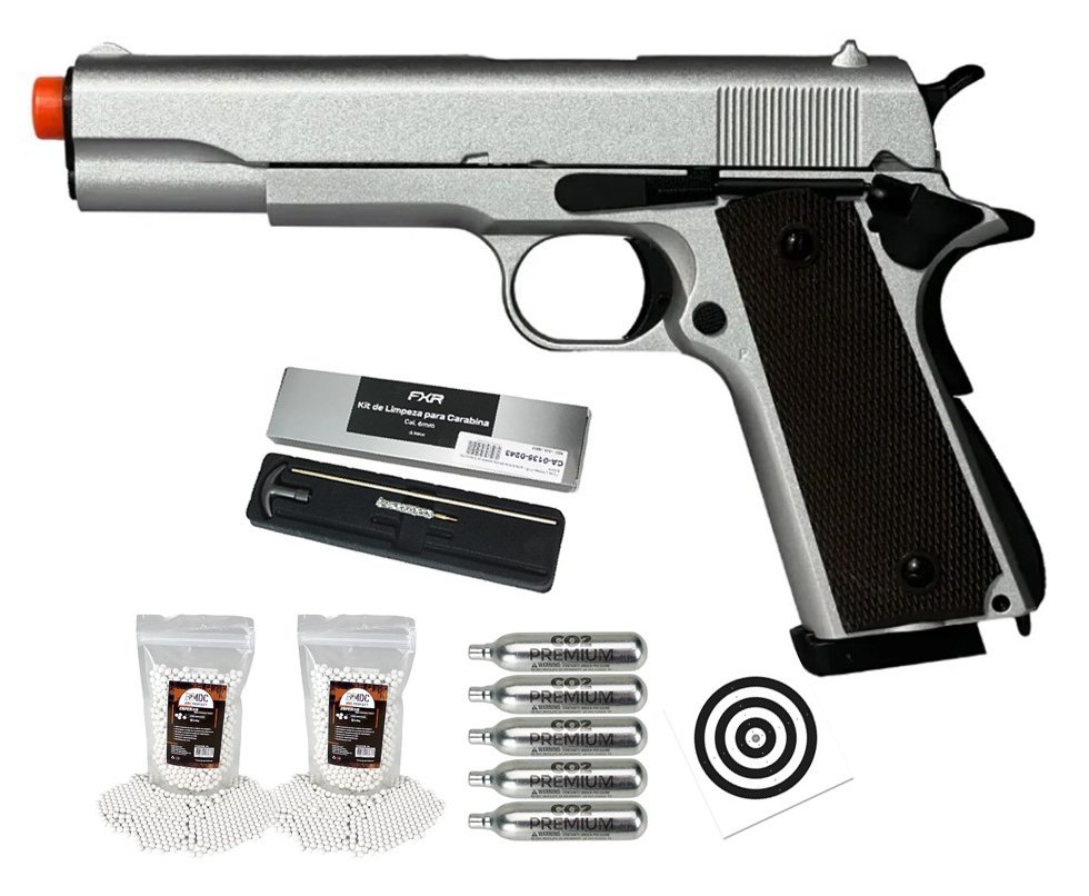Pistola de Airsoft CO2 1911 Silver Blowback Double Bell 823 6mm - FXR Armas + BBS + Co2 + Alvos + Kit de Limpeza