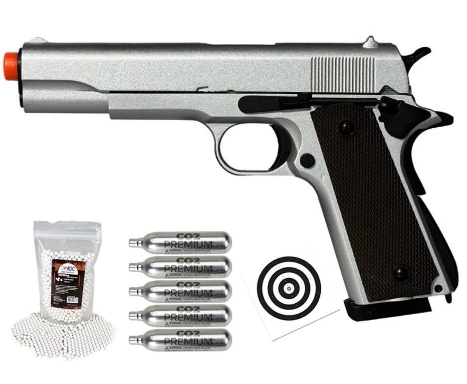 Pistola de Airsoft CO2 1911 Silver Blowback Double Bell 823 6mm - FXR Armas + BBS + Co2 + Alvos
