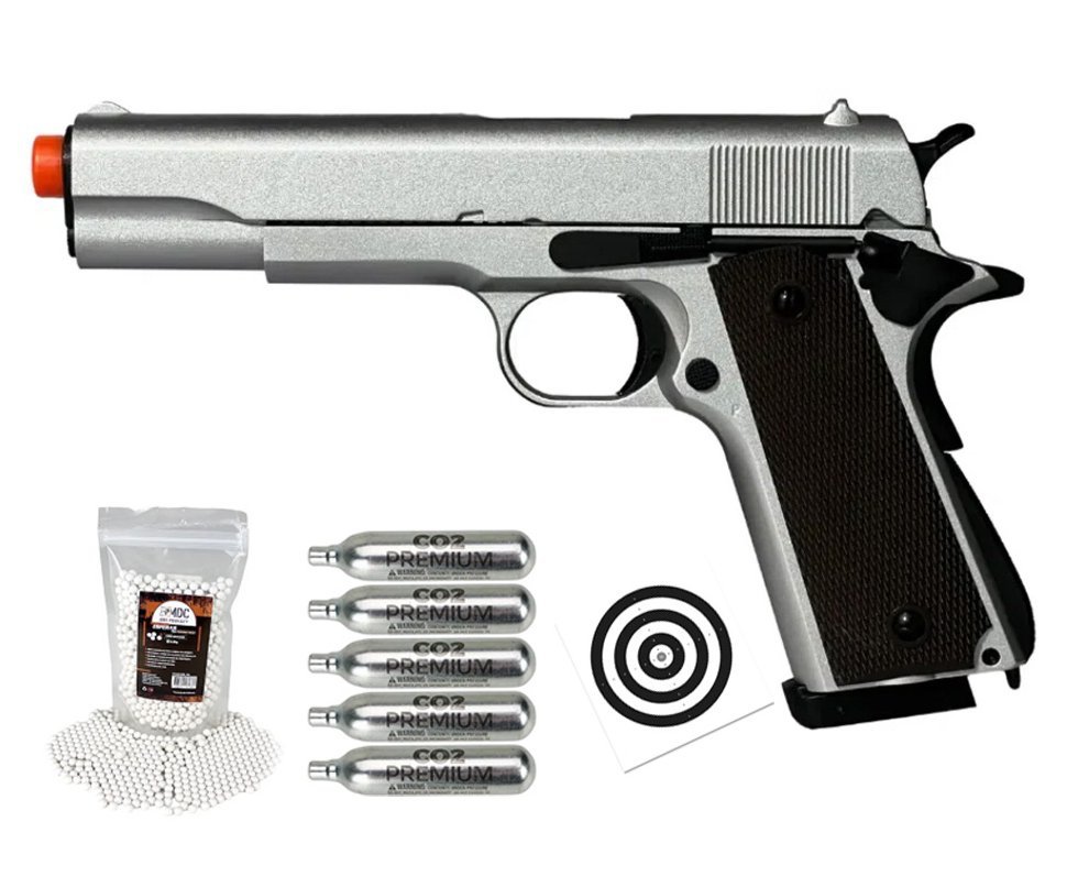 Pistola de Airsoft CO2 1911 Silver Blowback Double Bell 823 6mm - FXR Armas + BBS + Co2 + Alvos