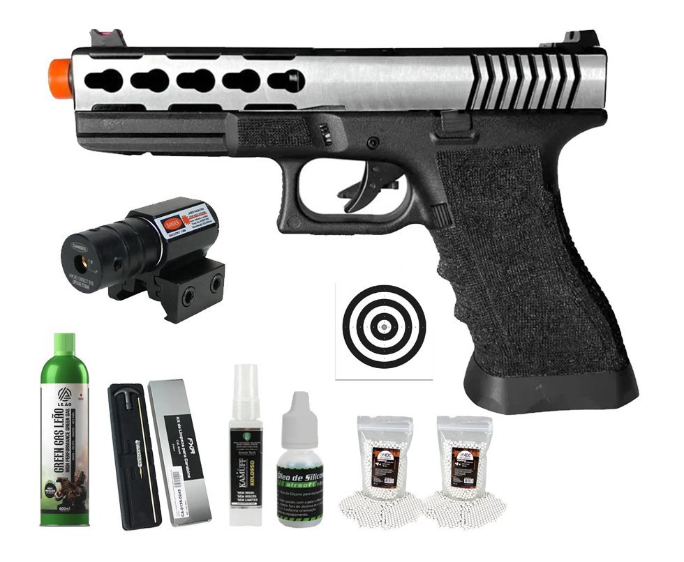 Pistola de Airsoft GBB Glock G17 Custom Double Bell 17/74L 6mm - FXR Armas + GBB + BBS + Alvos + Óleo de Silicone + Kamuff + Laser + Kit de Limpeza