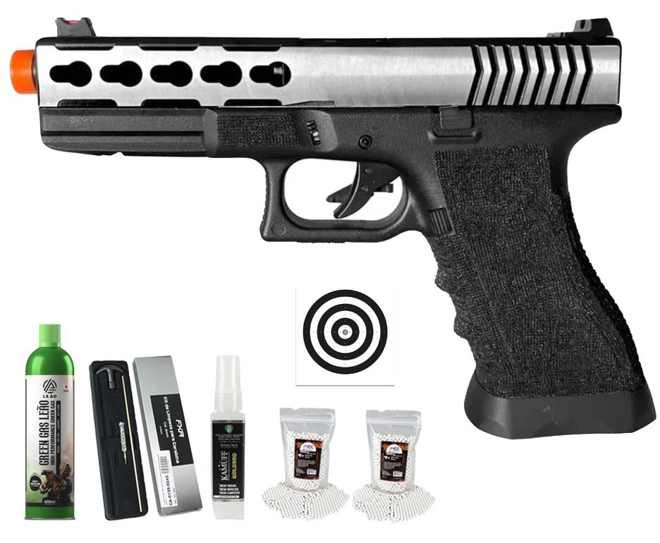 Pistola de Airsoft GBB Glock G17 Custom Double Bell 17/74L 6mm - FXR Armas + GBB + BBS + Alvos + Kamuff + Kit de Limpeza