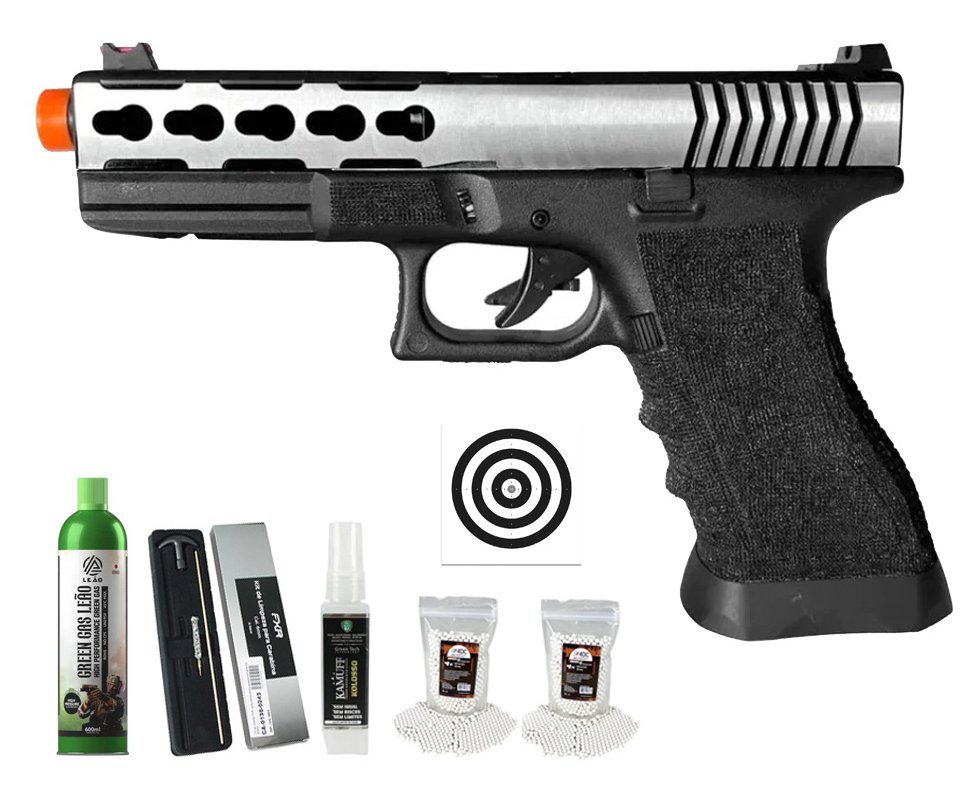 Pistola de Airsoft GBB Glock G17 Custom Double Bell 17/74L 6mm - FXR Armas + GBB + BBS + Alvos + Kamuff + Kit de Limpeza