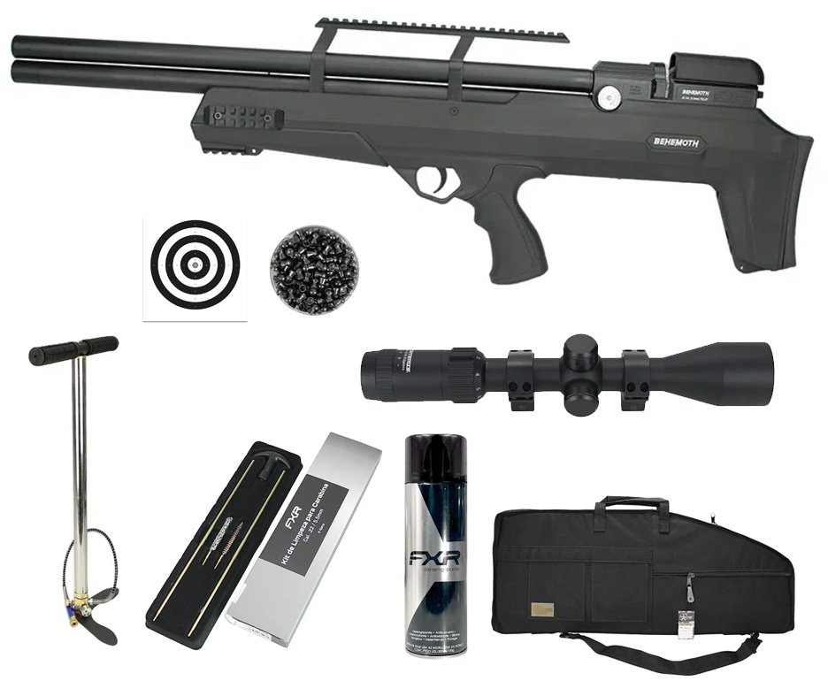 Carabina de Pressão PCP Nova Vista Bullpup Behemoth PS-R2-S Black 5.5mm com reguladora + Case/Capa Militari + Bomba + Luneta 3-9x40 + Chumbo + Alvos + Kit de Limpeza + Desengripante / Anticorrosivo