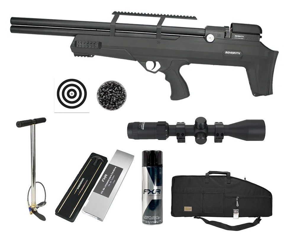 Carabina de Pressão PCP Nova Vista Bullpup Behemoth PS-R2-S Black 5.5mm com reguladora + Case/Capa Militari + Bomba + Luneta 3-9x40 + Chumbo + Alvos + Kit de Limpeza + Desengripante / Anticorrosivo