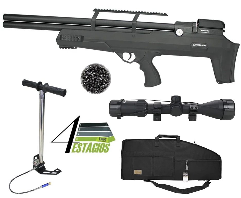 Carabina de Pressão PCP Nova Vista Bullpup Behemoth PS-R2-S Black 5.5mm com reguladora + Case/Capa Militari + Bomba 4 Estágios + Luneta 3-9x40 + Chumbo