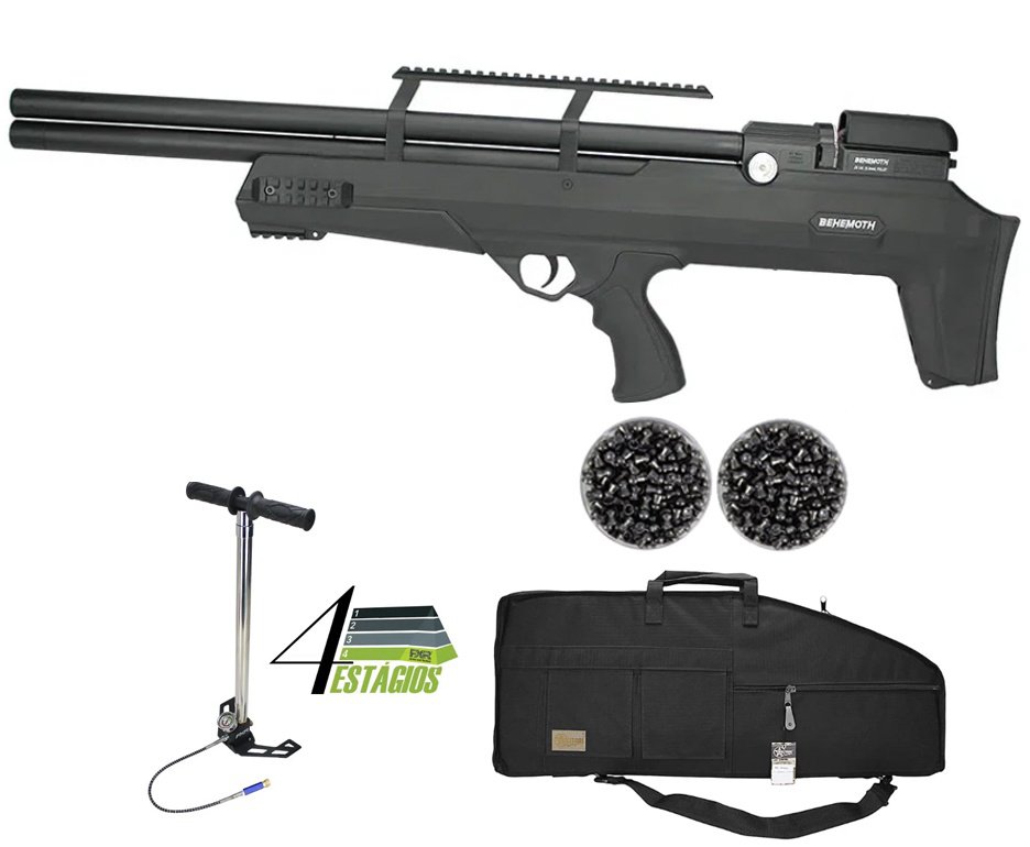 Carabina de Pressão PCP Nova Vista Bullpup Behemoth PS-R2-S Black 5.5mm com reguladora + Case/Capa Militari + Bomba 4 Estágios + Luneta 3-9x40 + Chumbo