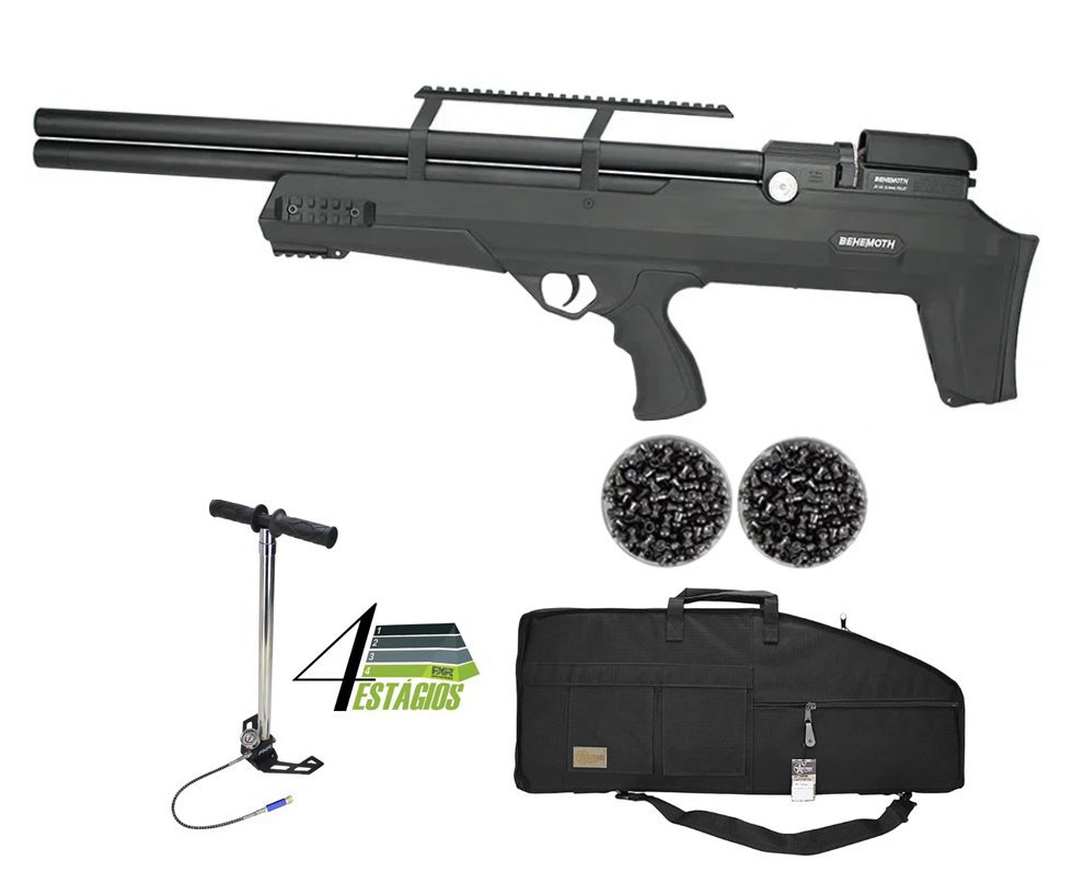 Carabina de Pressão PCP Nova Vista Bullpup Behemoth PS-R2-S Black 5.5mm com reguladora + Case/Capa Militari + Bomba 4 Estágios + Luneta 3-9x40 + Chumbo
