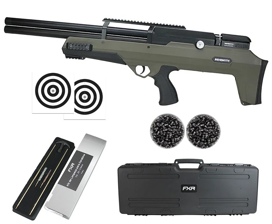 Carabina de Pressão PCP Nova Vista Bullpup Behemoth PS-R2-SF 5.5mm Green com reguladora + Case FXR + Chumbo + Alvos + Kit de Limpeza