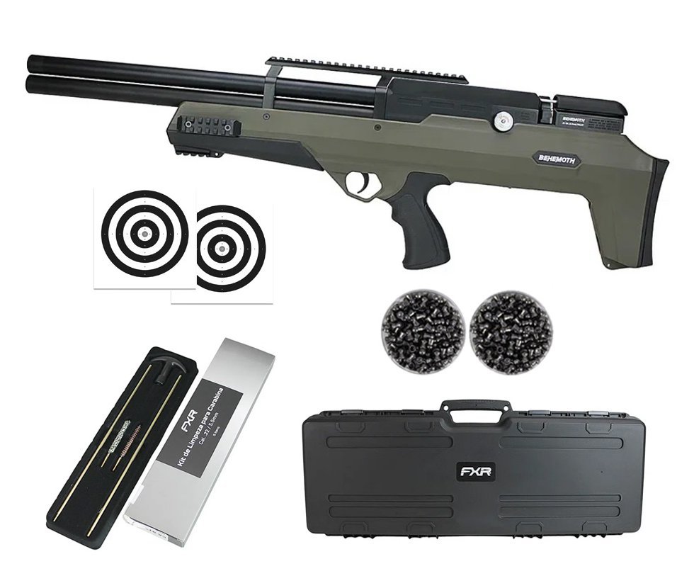Carabina de Pressão PCP Nova Vista Bullpup Behemoth PS-R2-SF 5.5mm Green com reguladora + Case FXR + Chumbo + Alvos + Kit de Limpeza