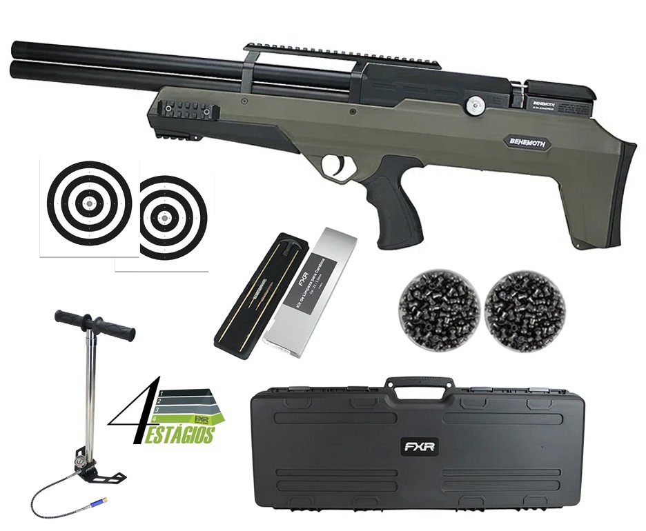 Carabina de Pressão PCP Nova Vista Bullpup Behemoth PS-R2-SF 5.5mm Green com reguladora + Case FXR + Chumbo + Alvos + Kit de Limpeza + Bomba 4 Estágios