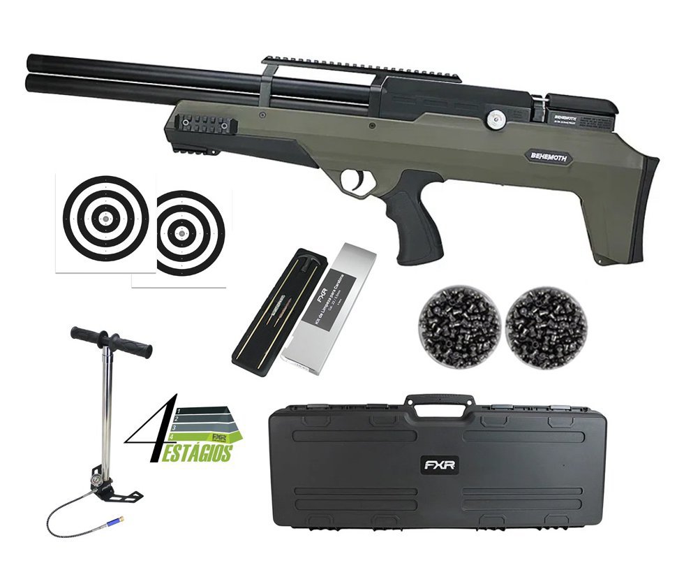 Carabina de Pressão PCP Nova Vista Bullpup Behemoth PS-R2-SF 5.5mm Green com reguladora + Case FXR + Chumbo + Alvos + Kit de Limpeza + Bomba 4 Estágios