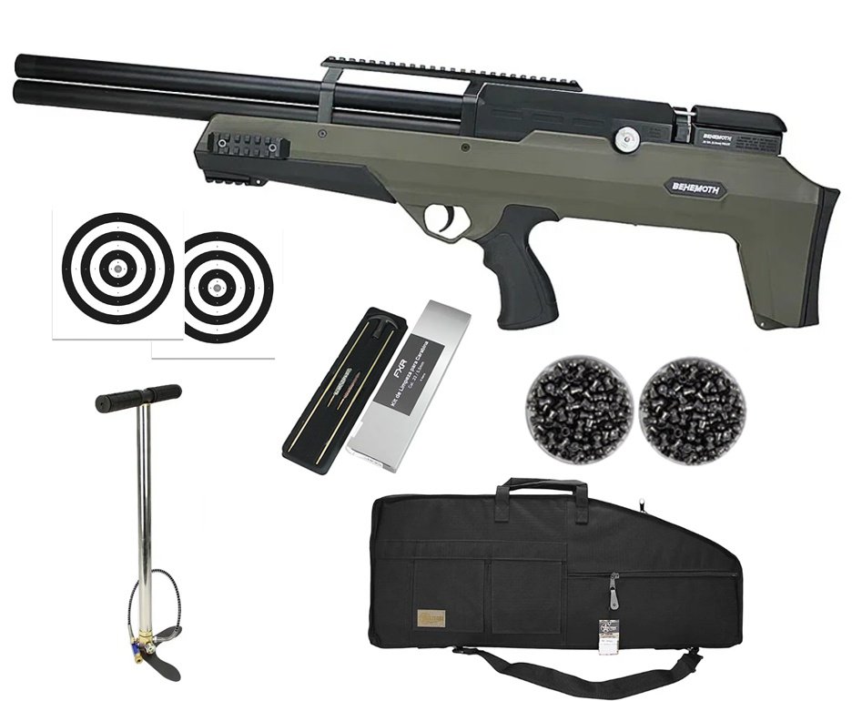 Carabina de Pressão PCP Nova Vista Bullpup Behemoth PS-R2-SF 5.5mm Green com reguladora + Case/Capa Militari + Chumbo + Alvos + Kit de Limpeza + Bomba