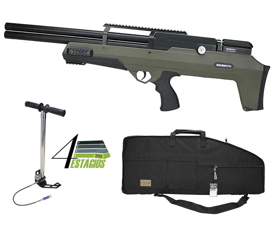 Carabina de Pressão PCP Nova Vista Bullpup Behemoth PS-R2-SF 5.5mm Green com reguladora + Case/Capa Militari + Bomba 4 Estágios