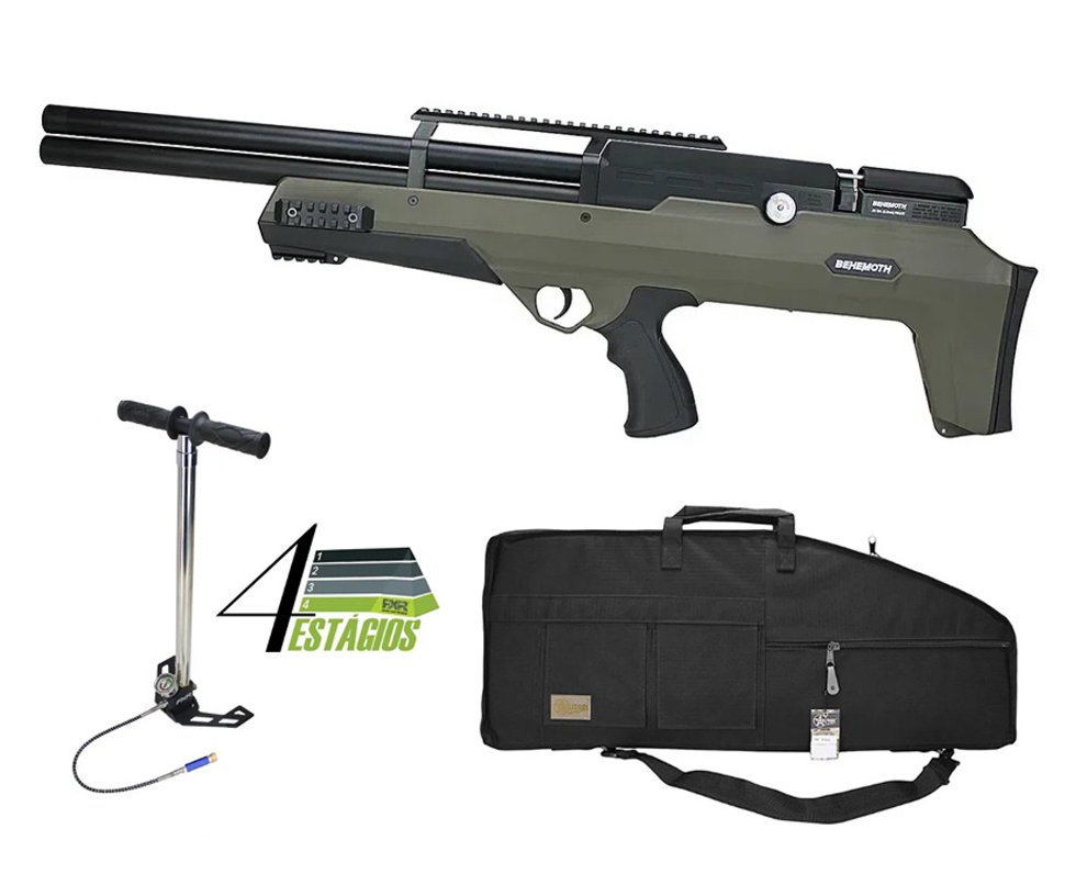 Carabina de Pressão PCP Nova Vista Bullpup Behemoth PS-R2-SF 5.5mm Green com reguladora + Case/Capa Militari + Bomba 4 Estágios