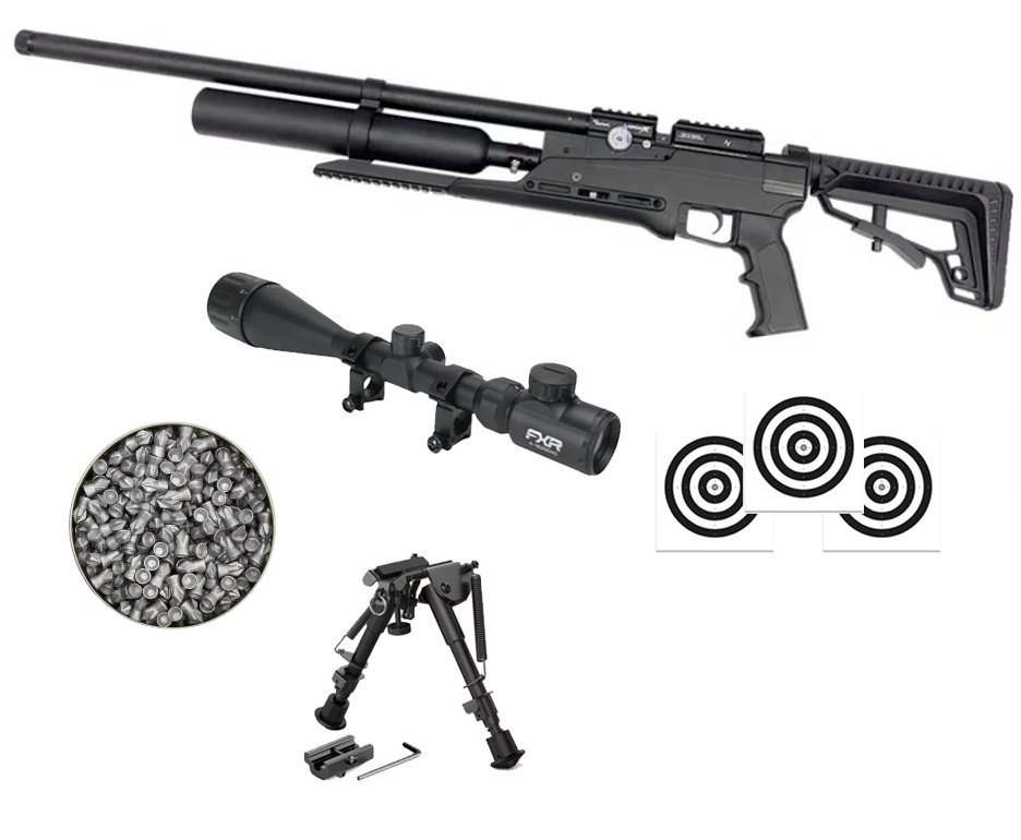 Carabina PCP Nova Vista Avenge-X X1 BT 5,5mm Preta 360cc - Nova vista + Bipé + Luneta 4-16x50 + Chumbo + Alvos