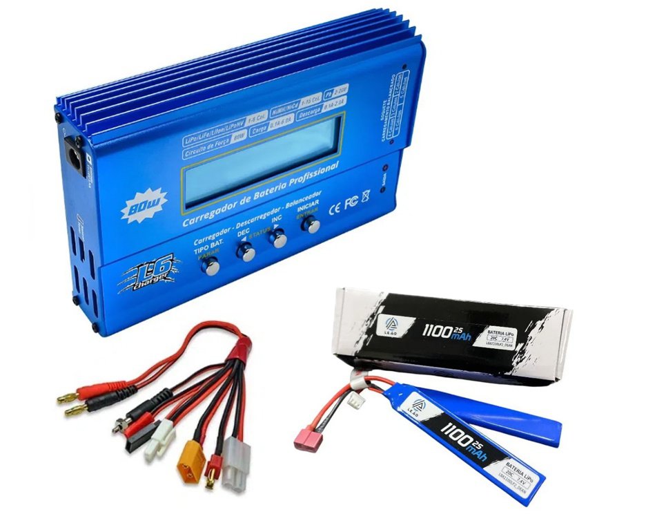 Bateria Lipo Ultra 7.4V/2S (2pack) 1100mAH 20C/40C Dean Airsoft - Leão Modelismo + Carregador/Balanceador de Bateria L6 LIPO NIMH LIFE PB Li-ion